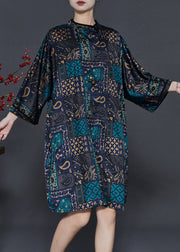 Boho Black Stand Collar Print Silk Work Dress Fall