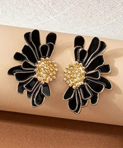 Boho Black Sterling Silver Overgild Floral Stud Earrings