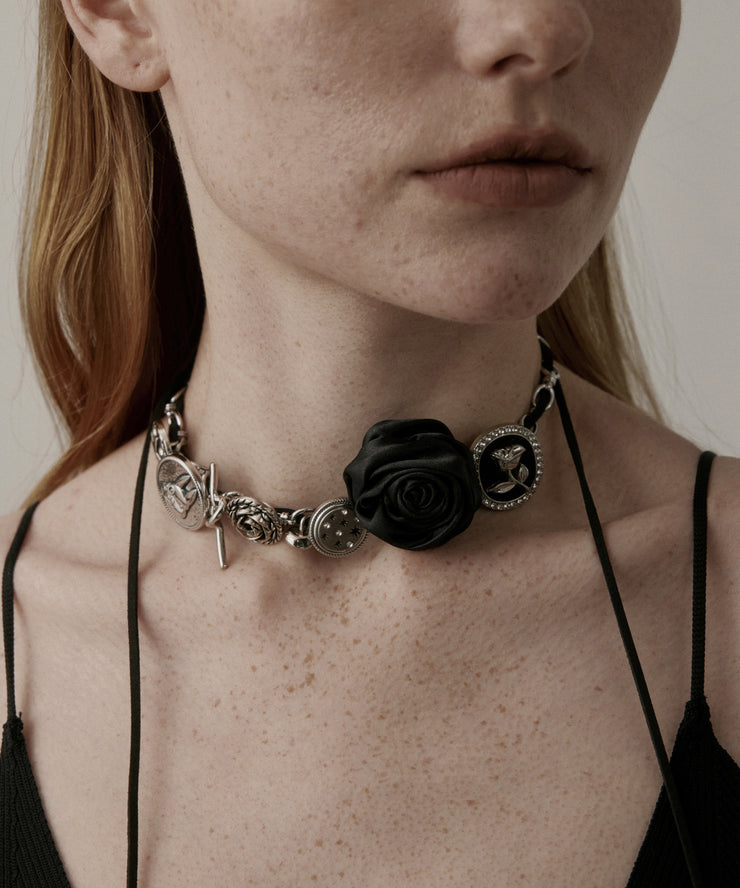 Boho Black Sterling Silver Rose Necklace