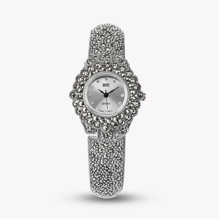 Boho Black Sterling Silver Zircon Metal Organic Glass Wrist Watch