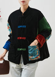 Boho Black Thick Patchwork Pockets Silk Velvet Oriental Coats Winter