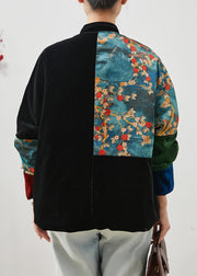 Boho Black Thick Patchwork Pockets Silk Velvet Oriental Coats Winter