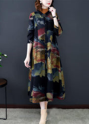 Boho Black Turn-down Collar Print Cotton Long Trench Coats Long Sleeve