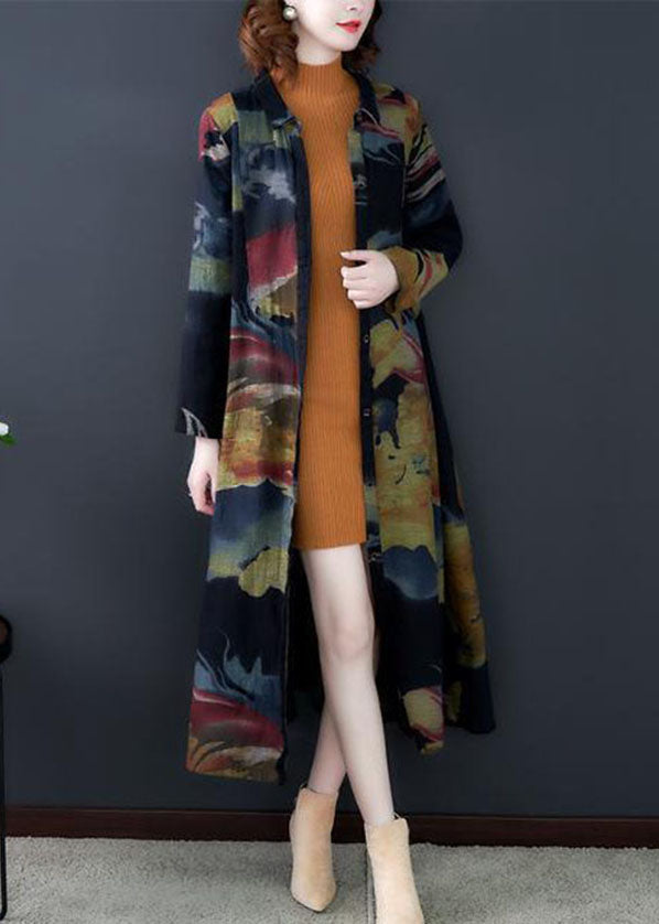 Boho Black Turn-down Collar Print Cotton Long Trench Coats Long Sleeve