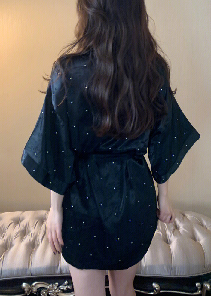 Boho Black V Neck Dot Tie Waist Ice Silk Mid Dress Long Sleeve