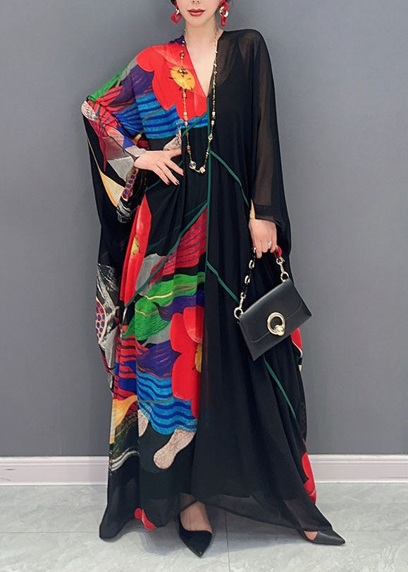 Boho Black V Neck Print Patchwork Chiffon Maxi Dress Summer