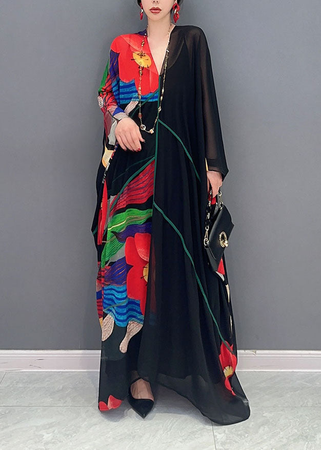 Boho Black V Neck Print Patchwork Chiffon Maxi Dress Summer