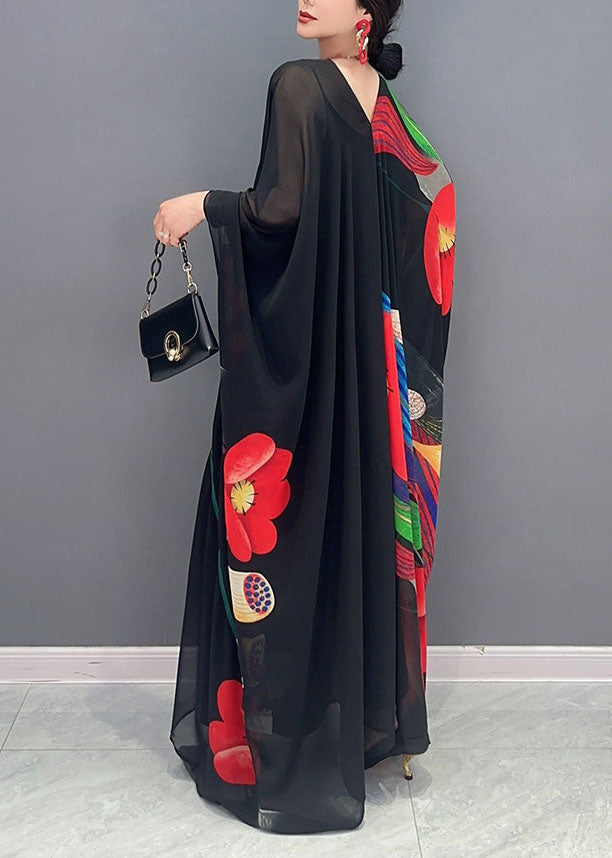 Boho Black V Neck Print Patchwork Chiffon Maxi Dress Summer