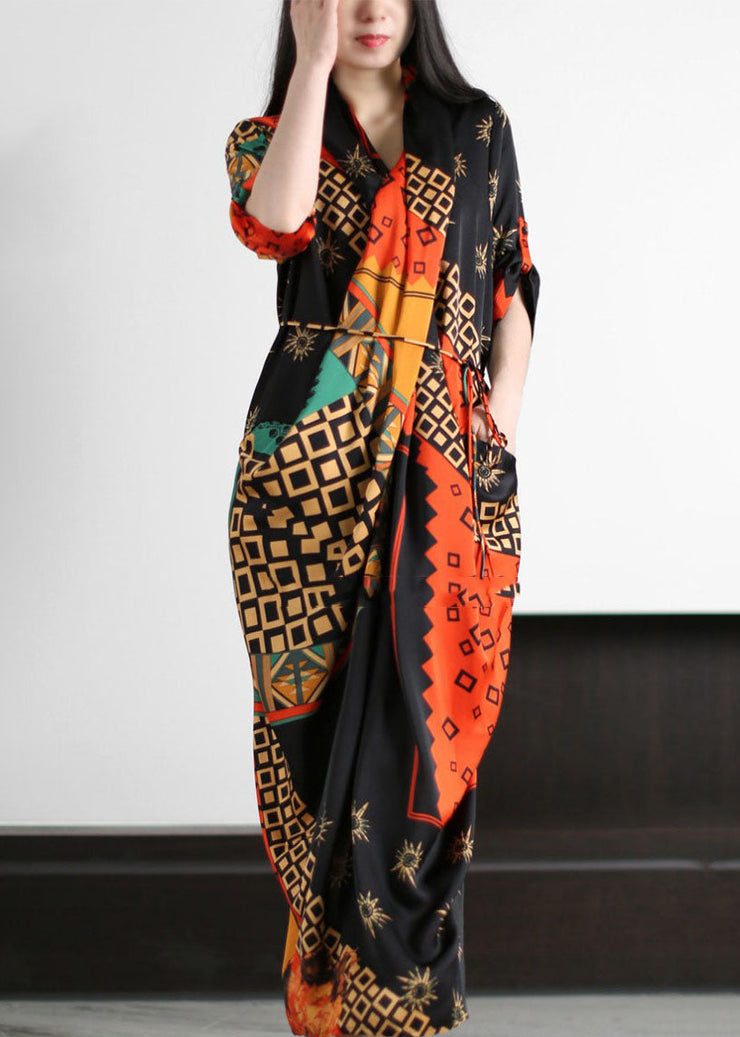 Boho Black Wrinkled Tie Waist Patchwork Silk Long Dresses Summer