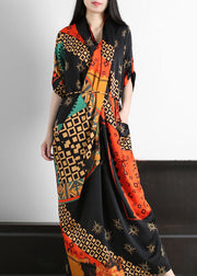 Boho Black Wrinkled Tie Waist Patchwork Silk Long Dresses Summer