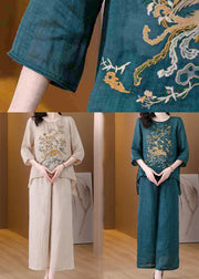 Boho Blackish Green Embroidered Low High Design Linen Two Pieces Set Spring