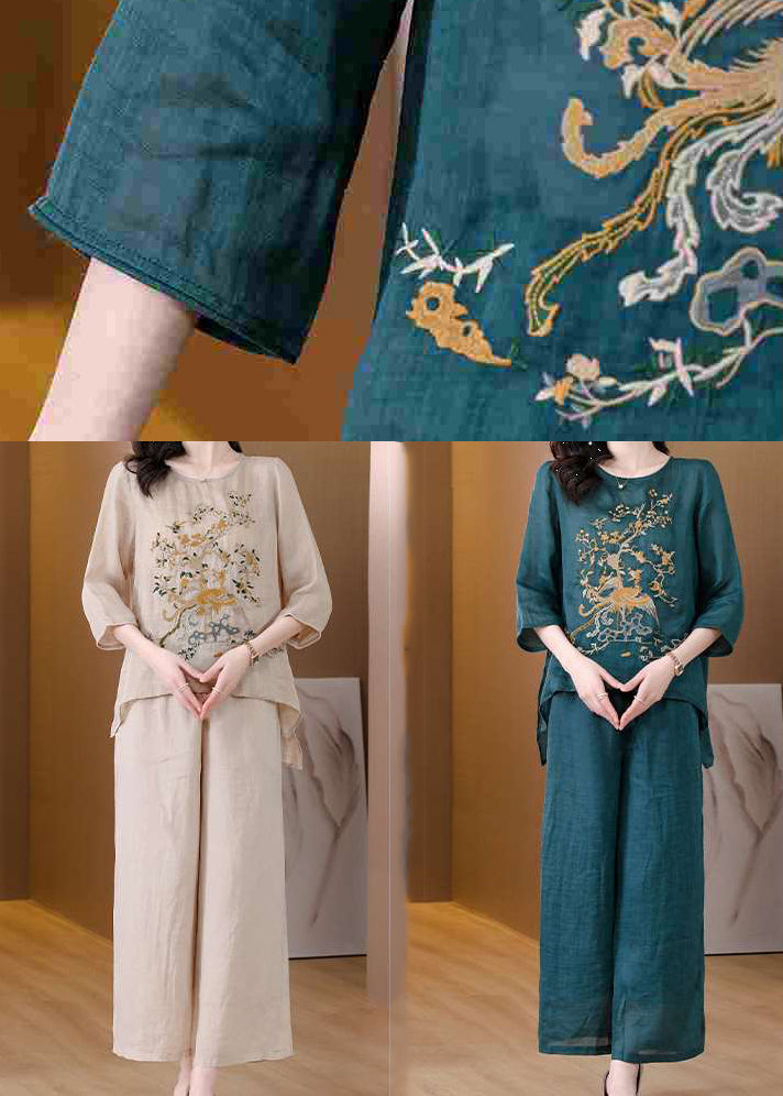 Boho Blackish Green Embroidered Low High Design Linen Two Pieces Set Spring
