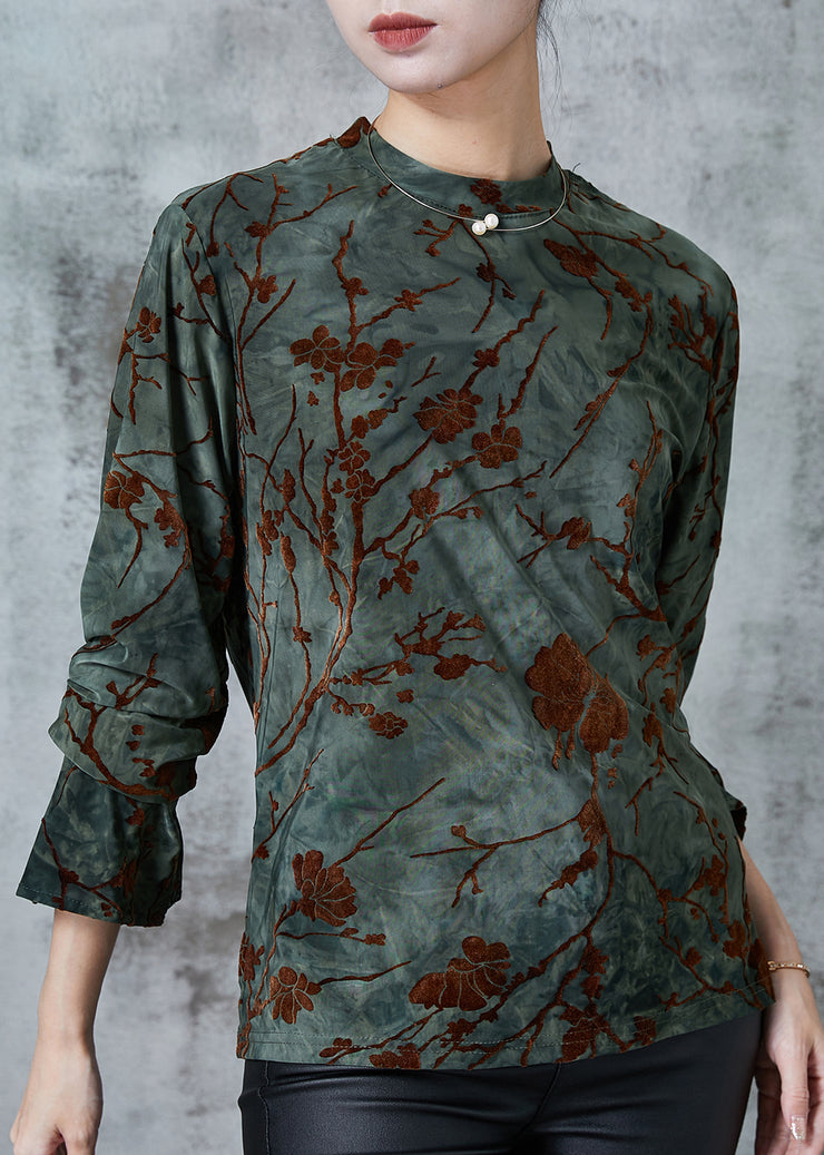 Boho Blackish Green Jacquard Silk Velour Shirts Spring