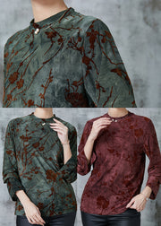 Boho Blackish Green Jacquard Silk Velour Shirts Spring
