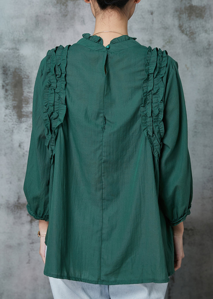 Boho Blackish Green Ruffled Cotton Shirts Spring
