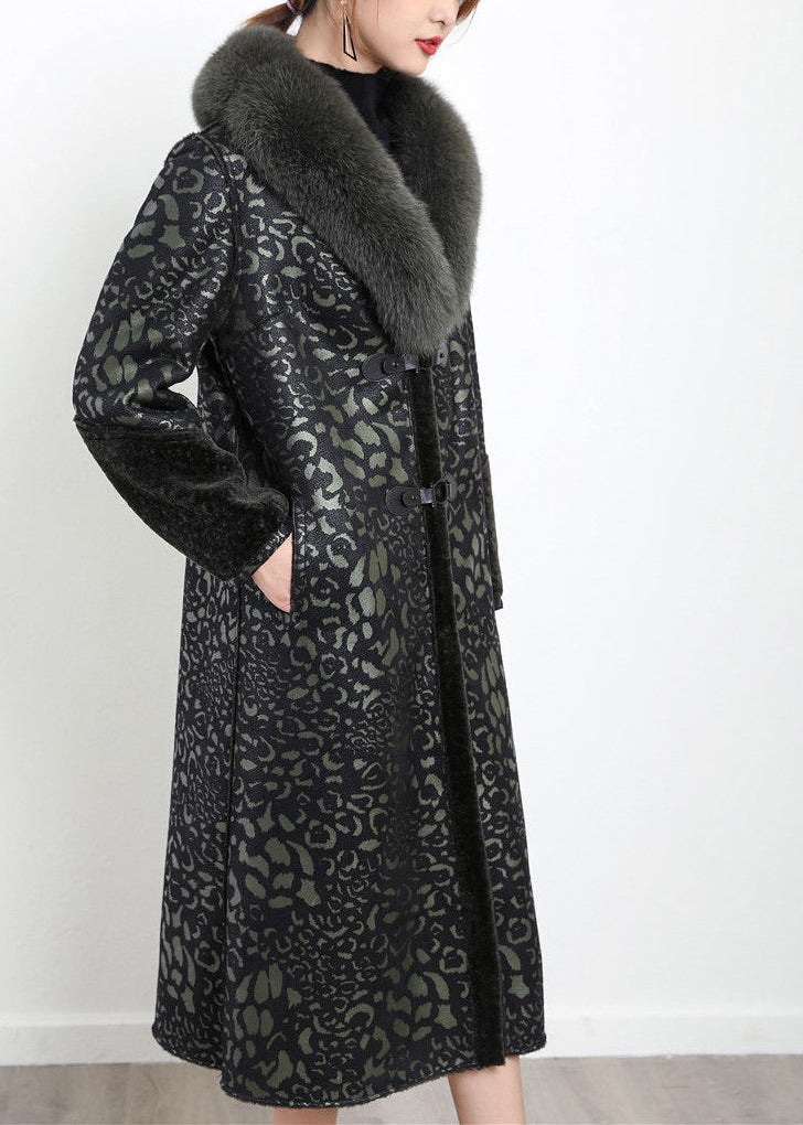 Boho Blakcish Green Fox Collar Wear On Both Sides Cashmere Coat Outwear Winter