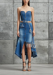 Boho Blue Asymmetrical Design Silm Fit Denim Spaghetti Strap Dress Summer