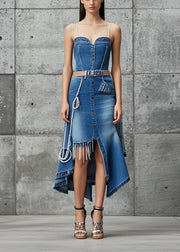 Boho Blue Asymmetrical Design Silm Fit Denim Spaghetti Strap Dress Summer