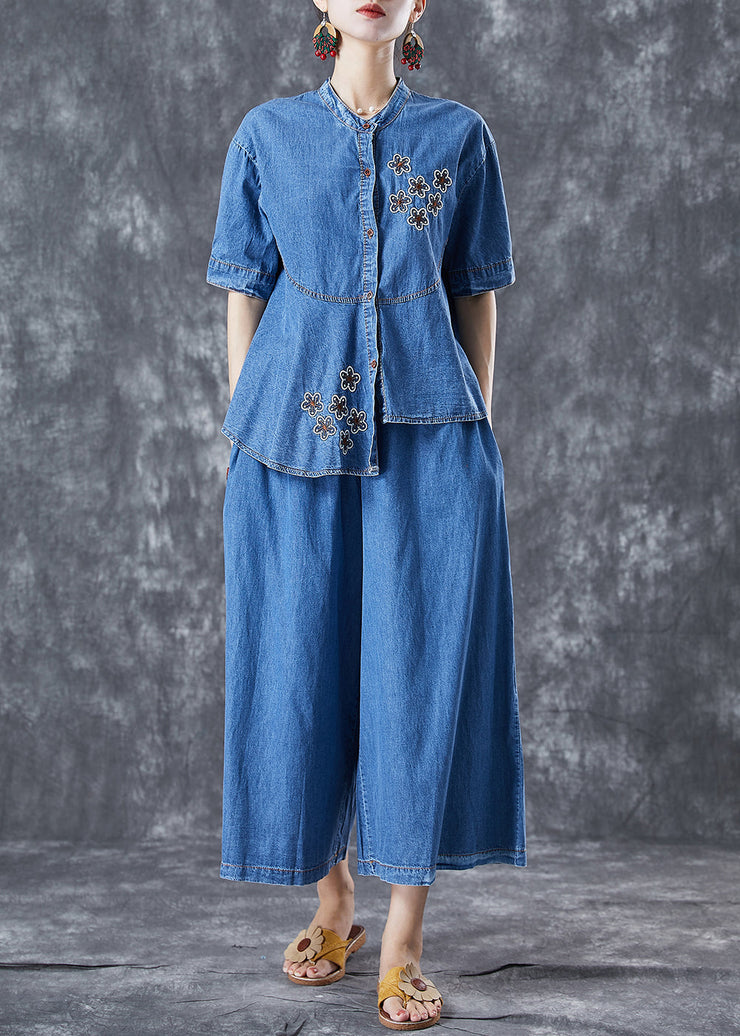 Boho Blue Asymmetrical Embroideried Denim Two Piece Set Fall