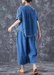 Boho Blue Asymmetrical Embroideried Denim Two Piece Set Fall