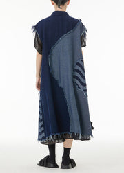 Boho Blue Asymmetrical Patchwork Cotton Denim Long Cardigans Sleeveless