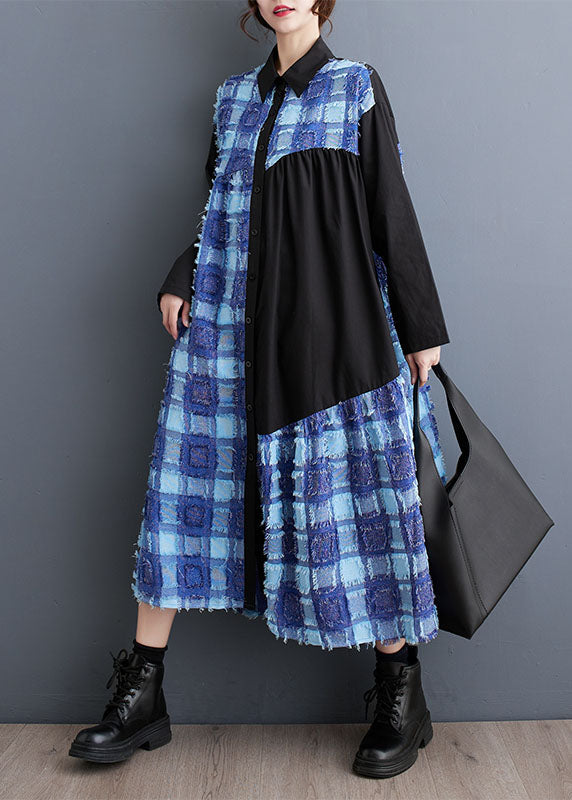 Boho Blue Asymmetrical Tulle Patchwork Button Maxi Shirts Dress Fall