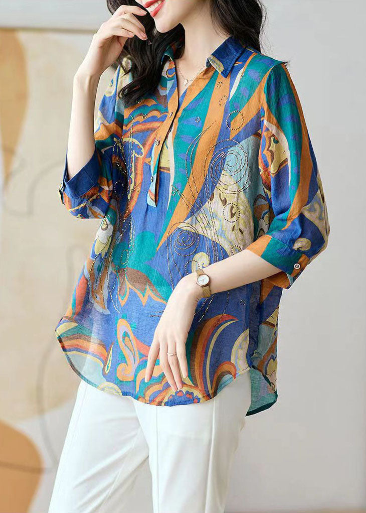 Boho Blue Button Zircon Patchwork Chiffon Shirt Tops Bracelet Sleeve