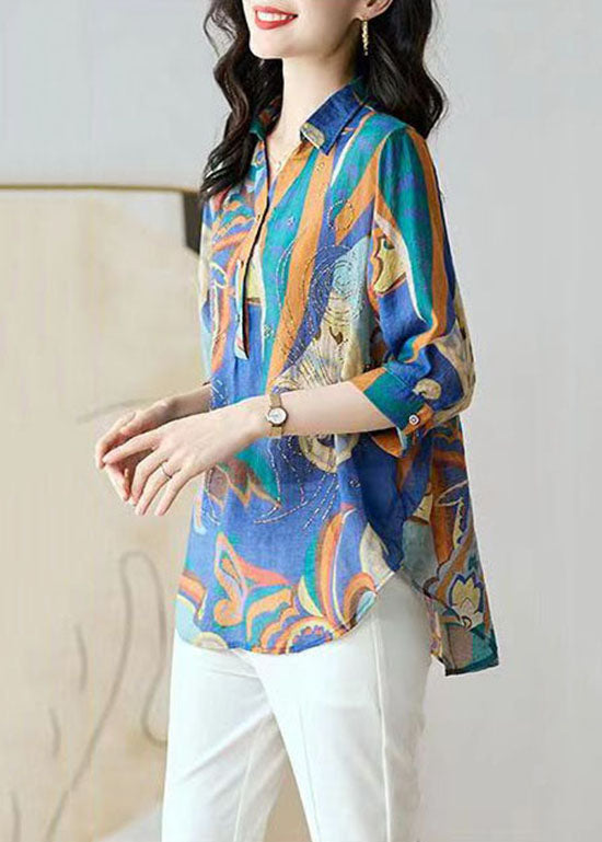 Boho Blue Button Zircon Patchwork Chiffon Shirt Tops Bracelet Sleeve