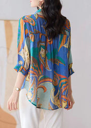 Boho Blue Button Zircon Patchwork Chiffon Shirt Tops Bracelet Sleeve