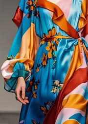 Boho Blue Cinched Print Silk Robe Dresses Spring