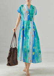 Boho Blue Cinched Tie Dye Chiffon Dress Summer