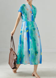 Boho Blue Cinched Tie Dye Chiffon Dress Summer