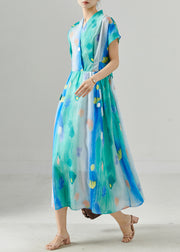 Boho Blue Cinched Tie Dye Chiffon Dress Summer