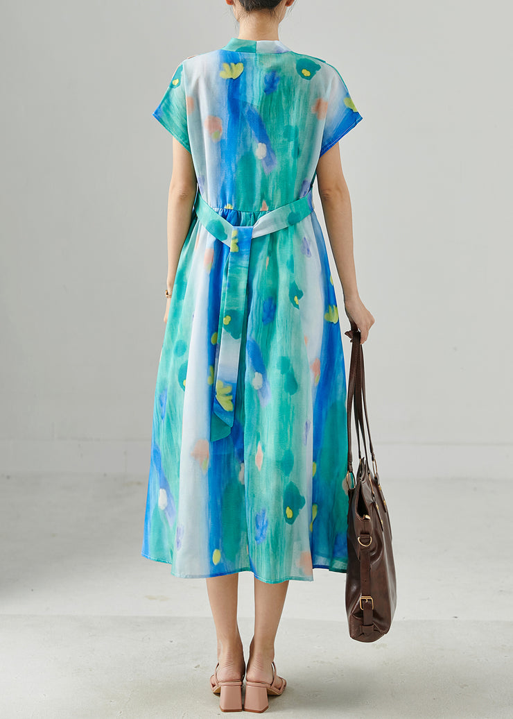 Boho Blue Cinched Tie Dye Chiffon Dress Summer