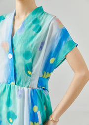 Boho Blue Cinched Tie Dye Chiffon Dress Summer