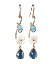 Boho Blue Copper Crystal Coloured Glaze Pearl Shell Flowwer Water Drop Drop Earrings