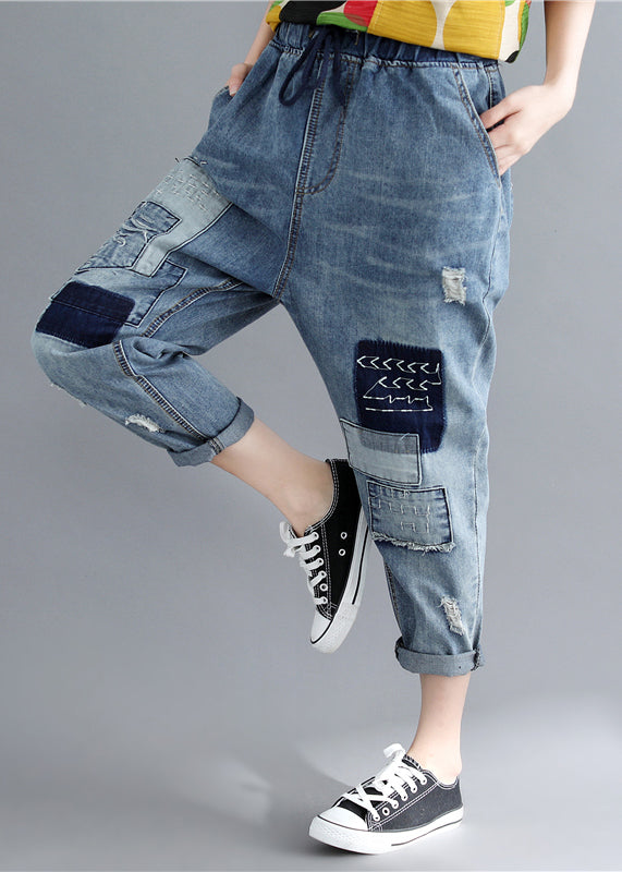 Boho Blue Elastic Waist Patchwork Applique Denim Pants Spring