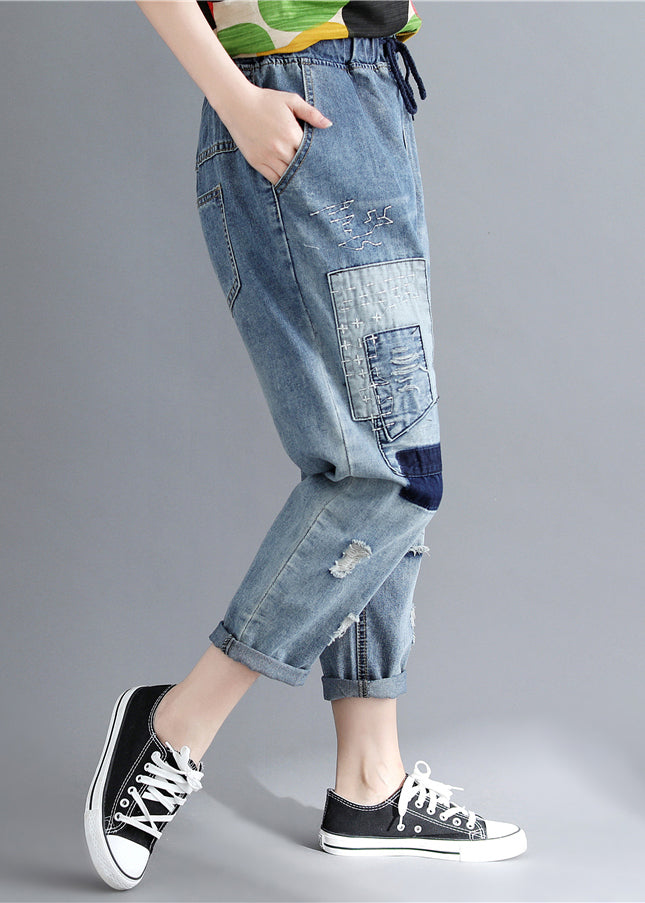 Boho Blue Elastic Waist Patchwork Applique Denim Pants Spring