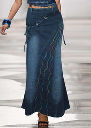 Boho Blue Embroideried Patchwork Denim Skirts Summer