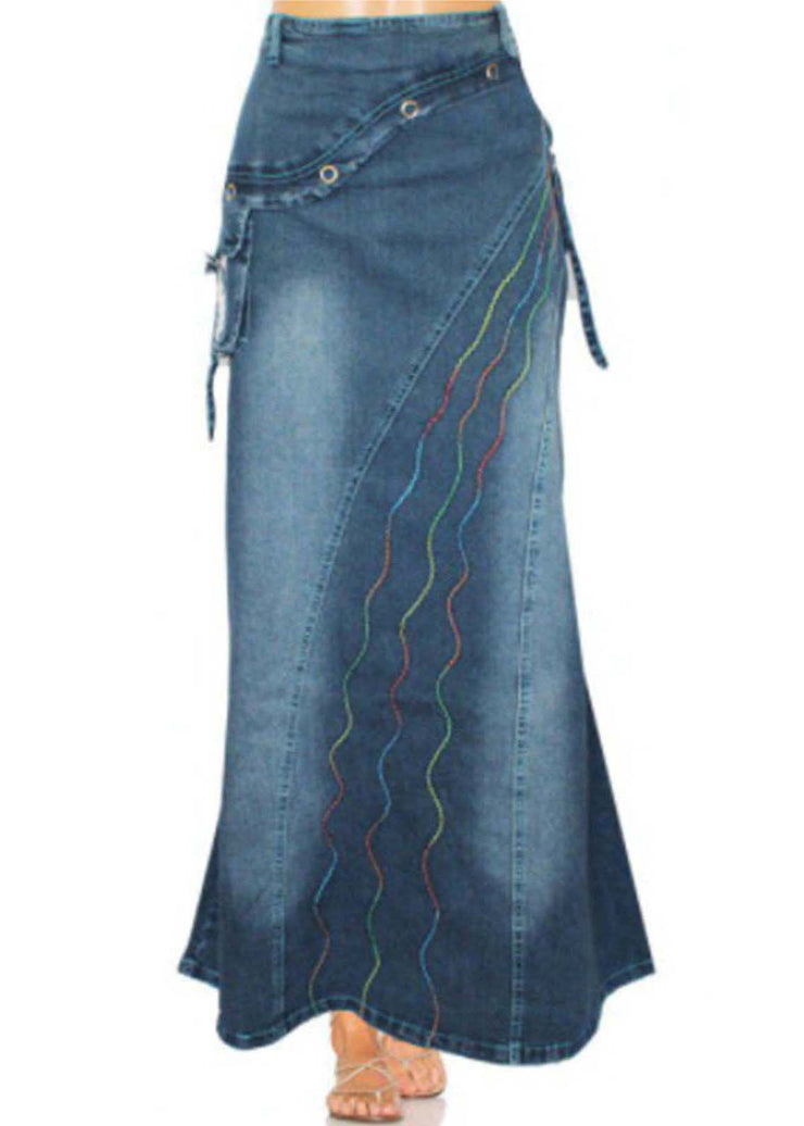 Boho Blue Embroideried Patchwork Denim Skirts Summer