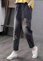 Boho Blue Embroideried Pockets Patchwork High Waist Denim Pants Spring