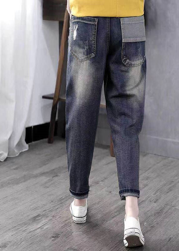 Boho Blue Embroideried Pockets Patchwork High Waist Denim Pants Spring