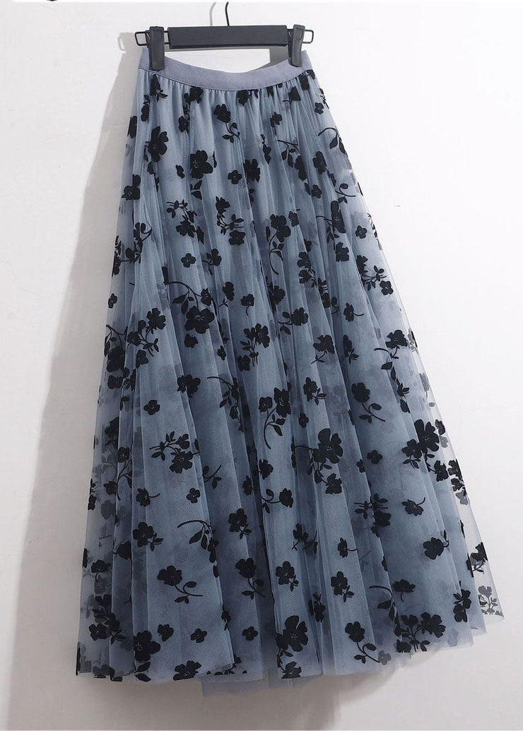 Boho Blue Grey Elastic Waist Print Tulle A Line Skirts Spring