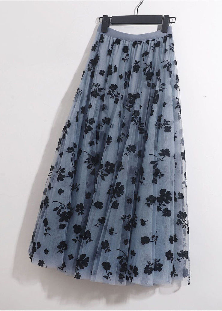 Boho Blue Grey Elastic Waist Print Tulle A Line Skirts Spring