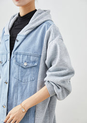 Boho Blue Hooded Denim Patchwork Cotton Trench Fall