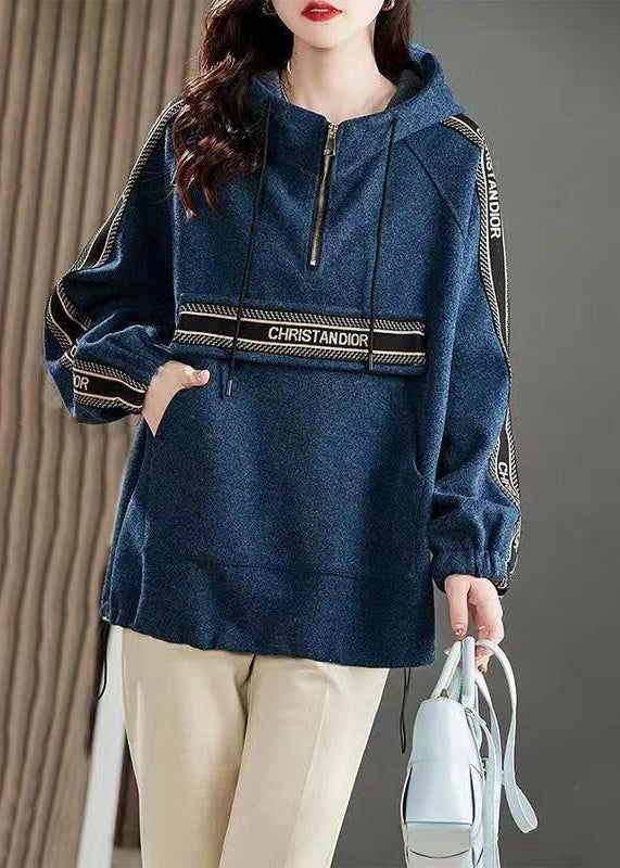 Boho Blue Hooded Pockets Patchwork Cotton Sweatshirts Long Sleeve