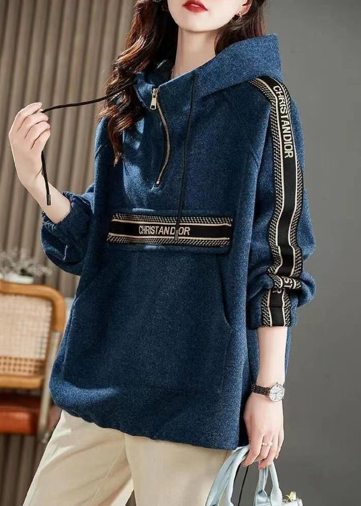 Boho Blue Hooded Pockets Patchwork Cotton Sweatshirts Long Sleeve