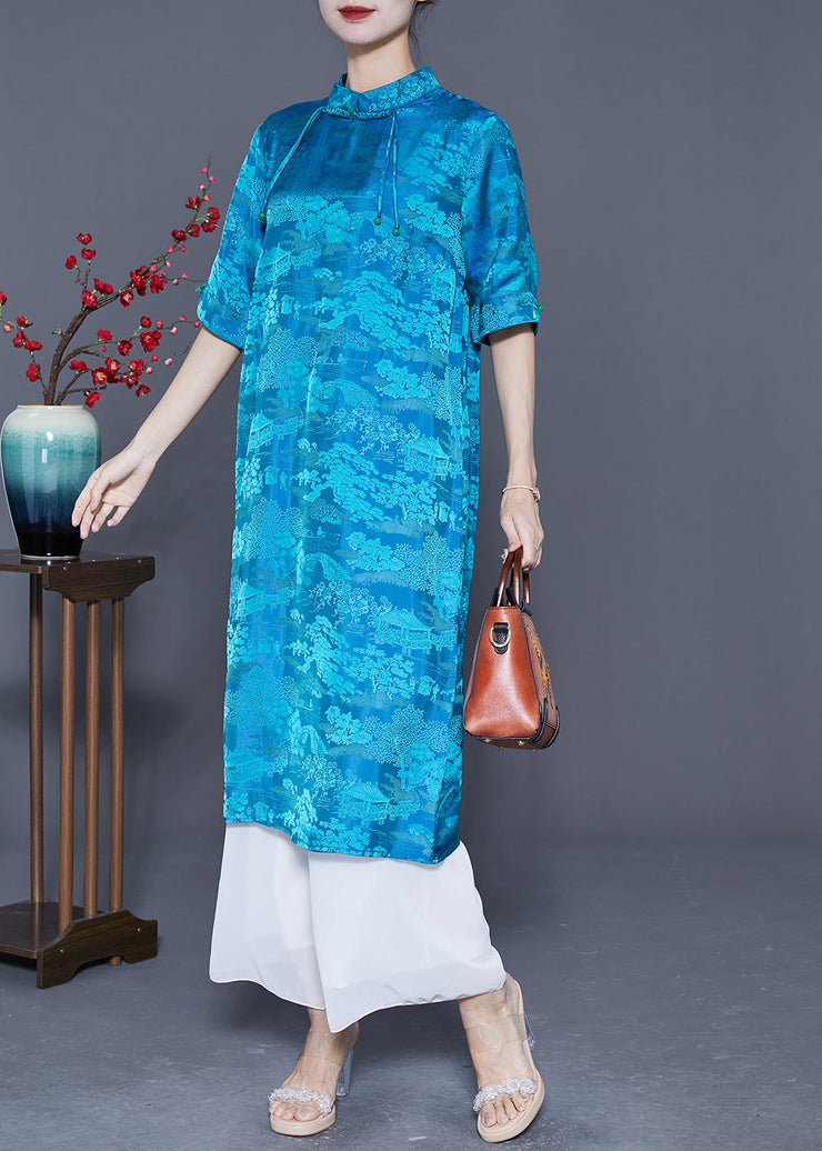 Boho Blue Mandarin Collar Print Tassel Silk Robe Dresses Summer