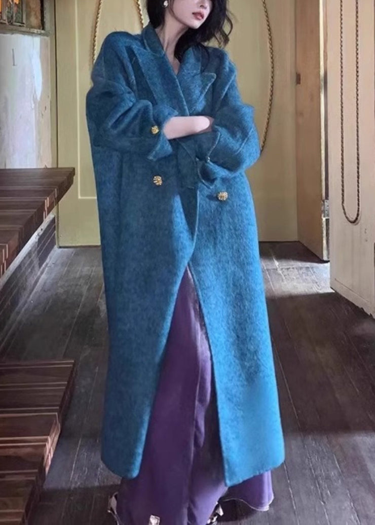 Boho Blue Notched Button Woolen Maxi Coats Winter