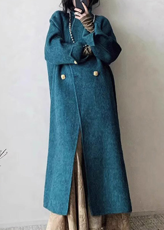 Boho Blue Notched Button Woolen Maxi Coats Winter